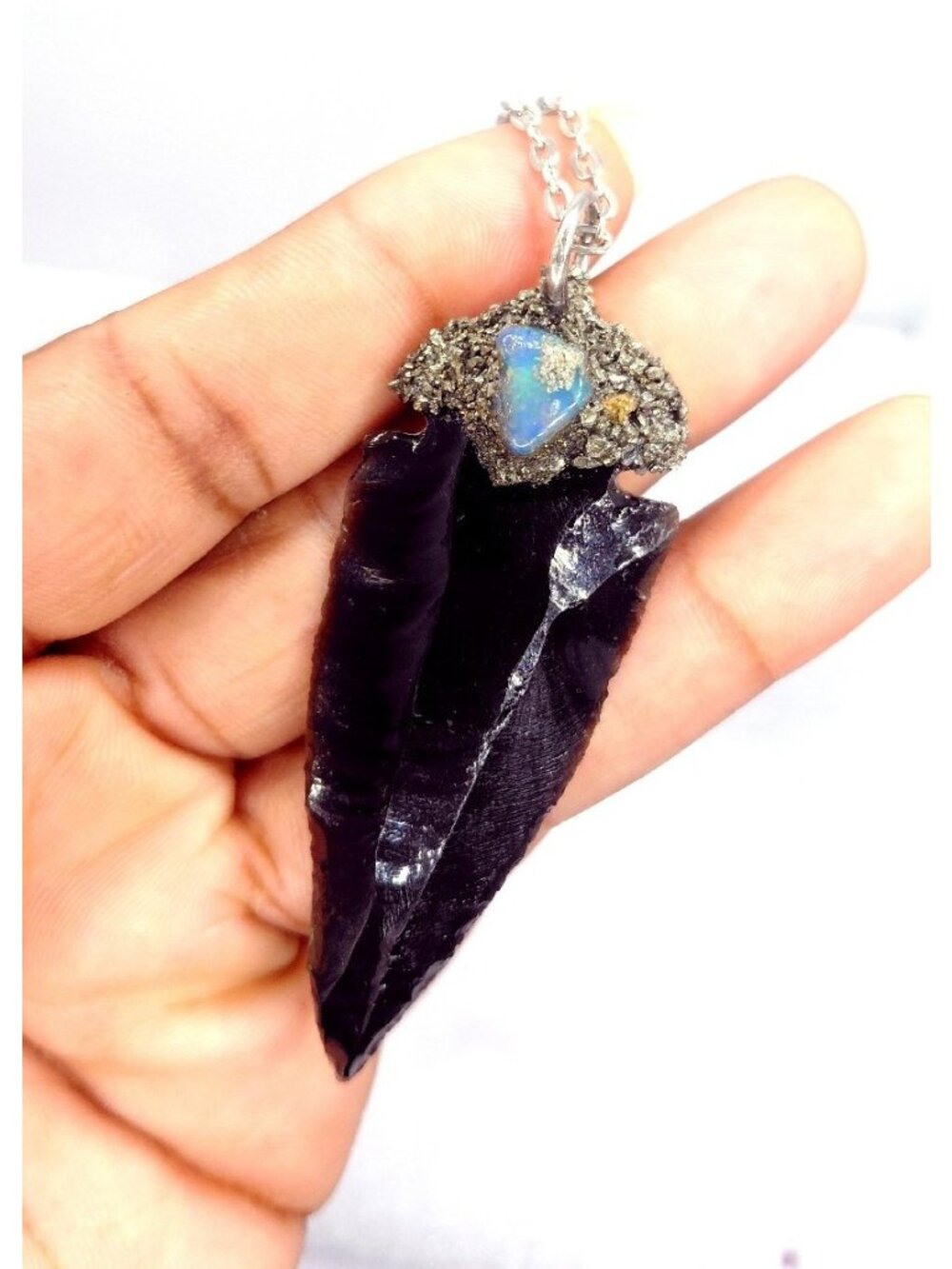 Obsidian and opal crystal necklace handmade gothic fantasy style jewelry piece